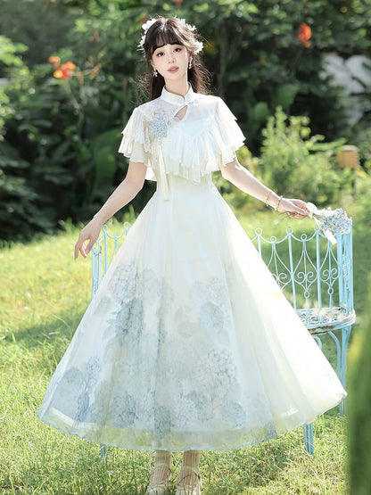 Lace Lolita White with Dress Shawl Classic Hydrangea Print Elegant