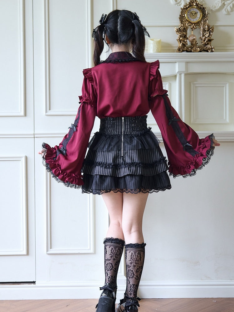 Black Skirt Tiered Lace and with Lace-up Details Striped Cross Ruffle Kei Jirai
