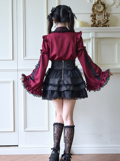 Black Skirt Tiered Lace and with Lace-up Details Striped Cross Ruffle Kei Jirai