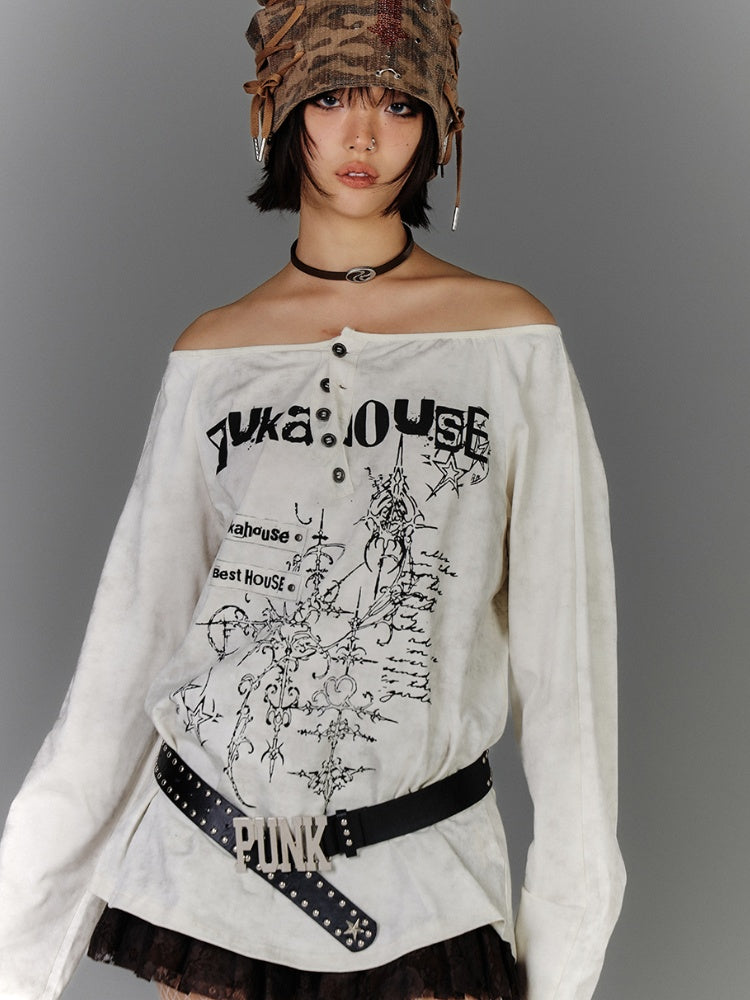 Aprikosenfarbenes, schulterfreies Baumwolltop mit Grafik und Used-Look-Ausschnitt