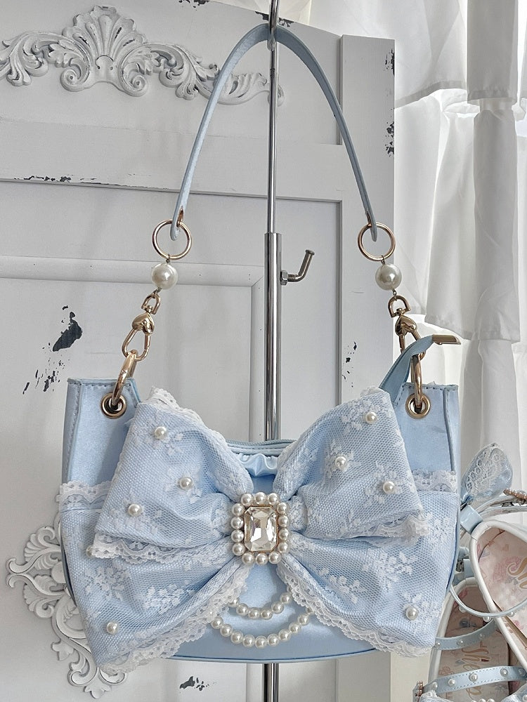 Blue Sweet Lolita Satin Underarm Bag with Crystal Bow - Sheep Puff Bag