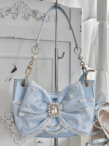 Blue Sweet Lolita Satin Underarm Bag with Crystal Bow - Sheep Puff Bag