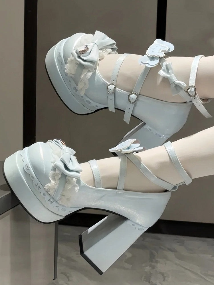 Block in Decor Platform with Sweet Satin Heels Bow Blue High