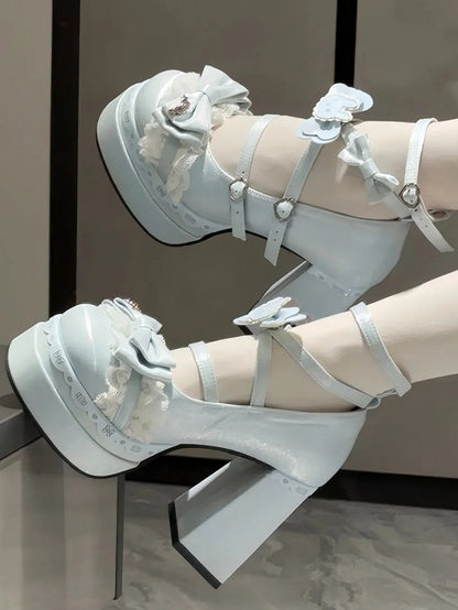 Block in Decor Platform with Sweet Satin Heels Bow Blue High