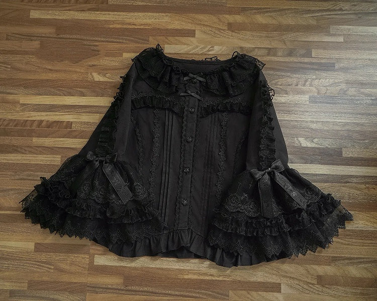 Sleeves Neckline Black 3/4 Lolita Ruffle Blouse