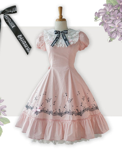 Sweet Pink Polka Dot Embroidered Music Note Lolita Dress with Panel Cut Skirt - Surface Spell