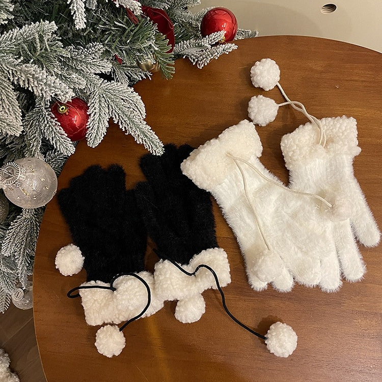 Schwarz/Weiße Plüschhandschuhe mit Pompons
