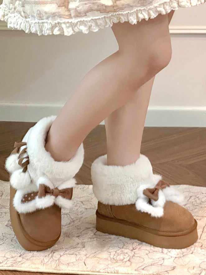 Bunny Pompom Light with for Adjustable Dot Boots Brown Ties Plush - Winter Accents Sweet Lolita