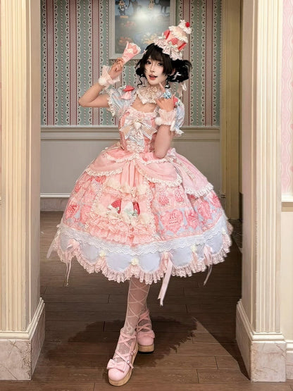 Blue & Pink Strawberry Cake Print Bell Sleeve Lolita Dress - Ball Lolita