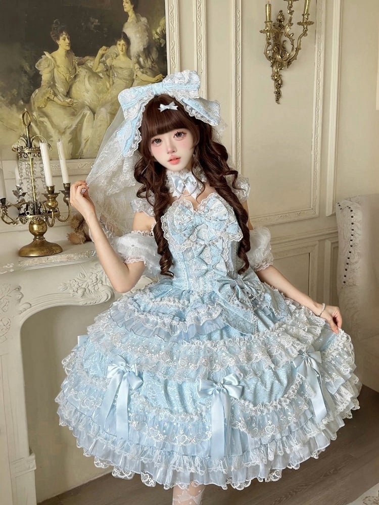 Dress Princess Accents Lolita Blue JSK with Bow and Lace Sweet