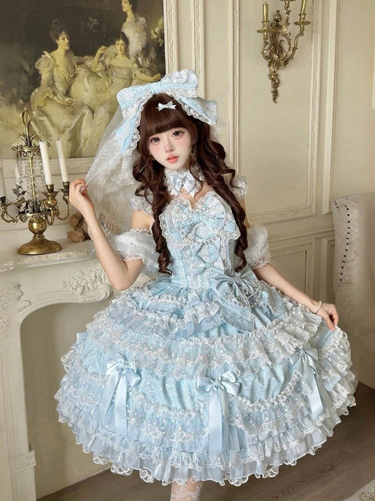 Dress Princess Accents Lolita Blue JSK with Bow and Lace Sweet