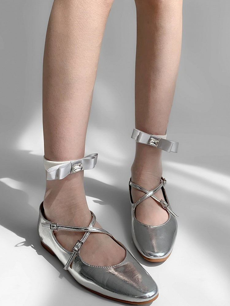 Socks Design Decorated Rhinestone Bowknot White