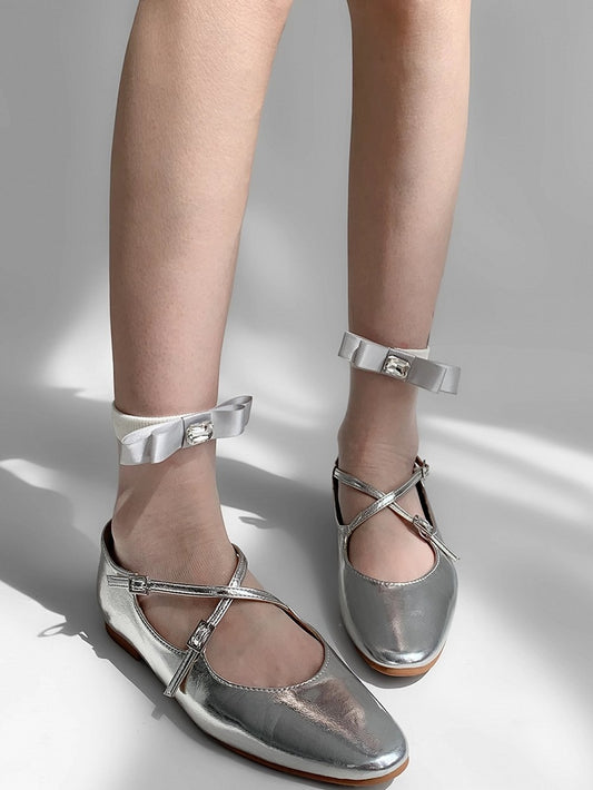 ソックスデザイン装飾ラインストーン蝶結びホワイト