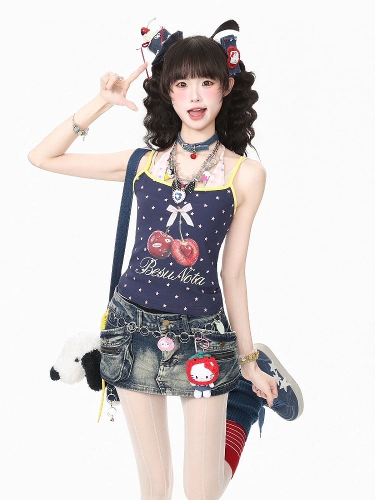 Sweet Cool Kawaii Navy Fake Two-Piece Halter Camisole Top with Star and Cherry Prints - Languid Park