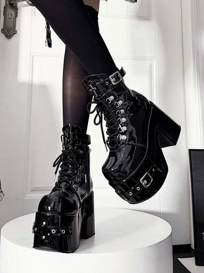Bittersweet Buckled Lace-Up Ankle Boots in Black PU with Cross Accents, Inner Zip & High Block Heels - Transfer Student