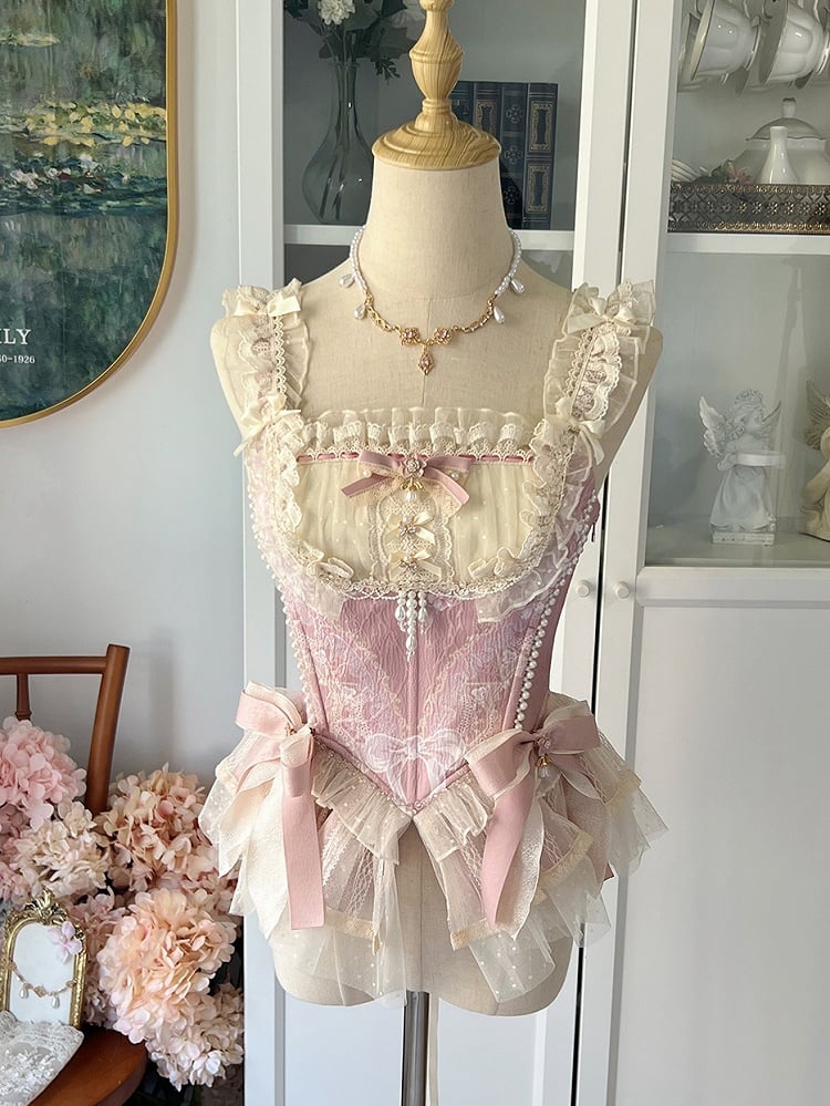 Details Corset Boned Bead Top and Pink Bows with Two