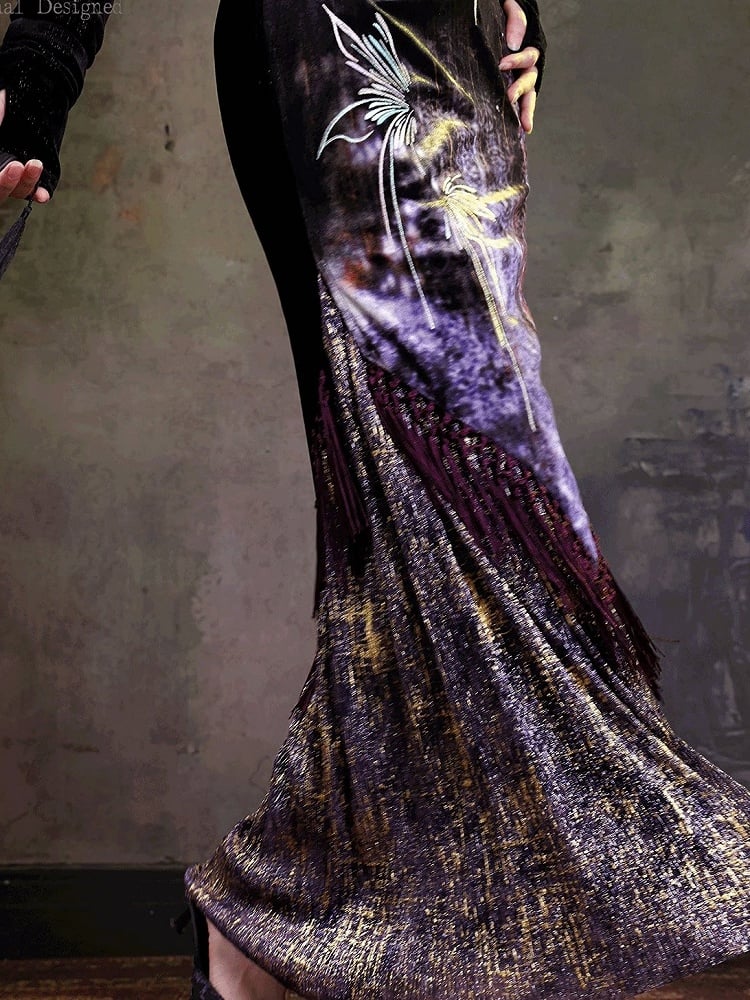 Chinese Qipao Butterfly Wing Embroidered Mermaid Dress Fringe - sijinstudio