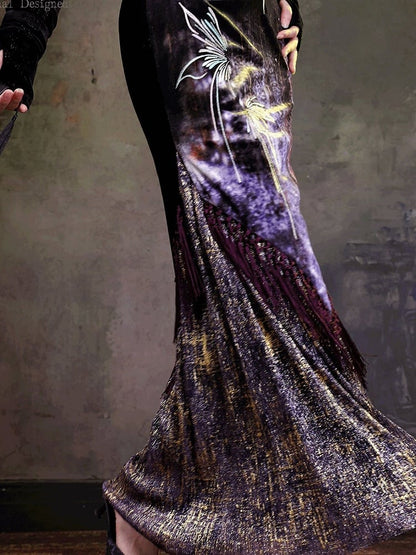 Chinese Qipao Butterfly Wing Embroidered Mermaid Dress Fringe - sijinstudio