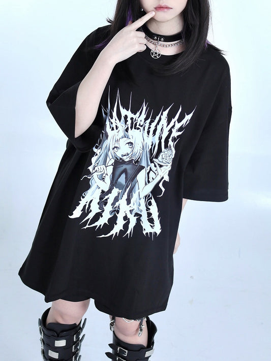 Kei Cartoon Girl Print Black T-shirt Jirai Round Neck