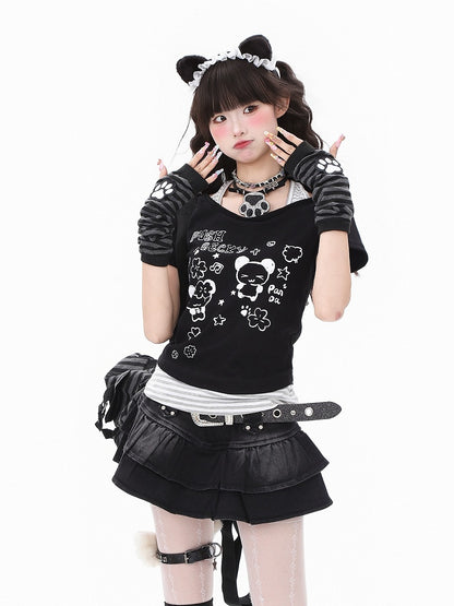 ShoulderAdorable Faux Cutout with Panda Print Black/Green Two-Piece T-shirt
