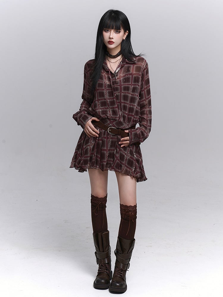 Plaid PU Coffee Gothic Belt Dress with Brown Shirt Lined Red