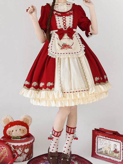 with Lolita Hem and Sweet Beige Embroidered Red Dress Ruffle Strawberry Short-sleeved Apron
