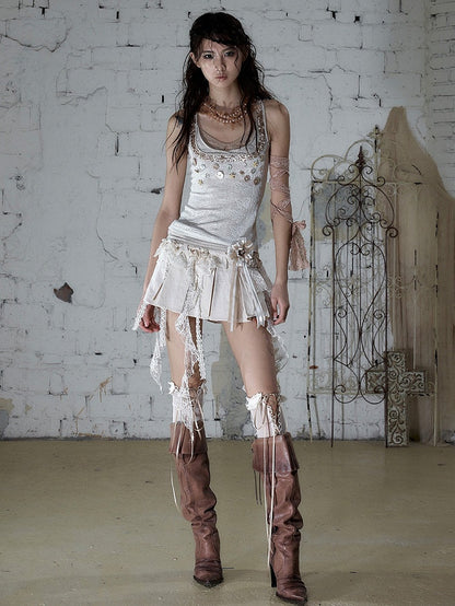 Punk Apricot Pleated Skort with Asymmetric Lace Trim - NO ROMANCE
