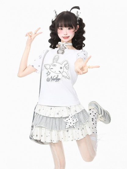 White Star Print Tee with Cute Bunny Applique