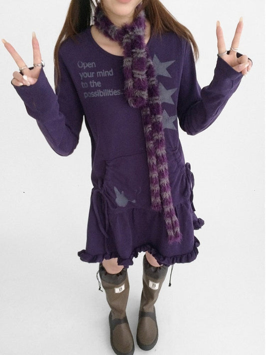 Letter Star Deep Print Dress Round Purple - Neck