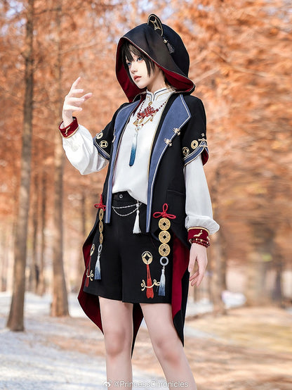 Black Ouji Fashion Chinoiserie Copper Coins Panda Ears Hooded Coat