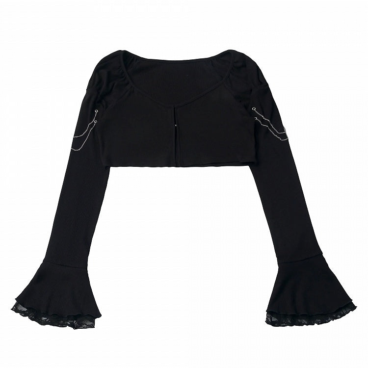 Black Cropped Cardigan with Flared Sleeves and Chain Detailing - PINK SAVIOR
