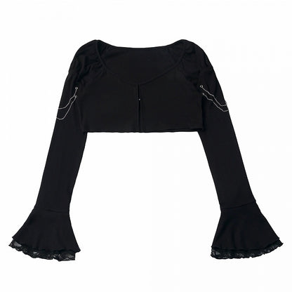 Black Cropped Cardigan with Flared Sleeves and Chain Detailing - PINK SAVIOR