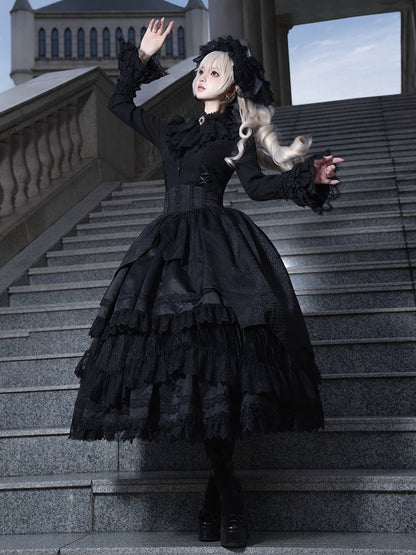 + Skirt Lolita Corset Waist Black Layered Overlay High Under Gothic Curved Belt
