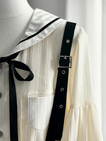 Ouji mit Aprikosen-Langshorts, gerades Bein, modische Schulter + Kragen, Lolita-Outfit-Träger, Matrosenärmel-Shirt – Schwarz