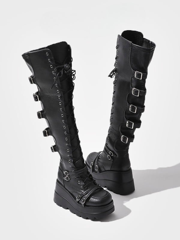 Thigh-high Black Lace-up Platform Closure Boots - Punk