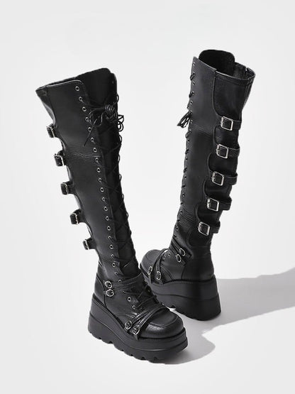 Thigh-high Black Lace-up Platform Closure Boots - Punk