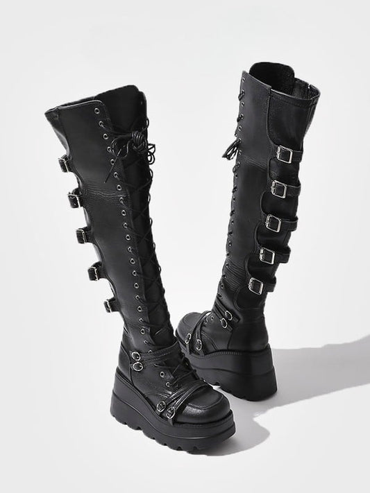 Thigh-high Black Lace-up Platform Closure Boots - Punk