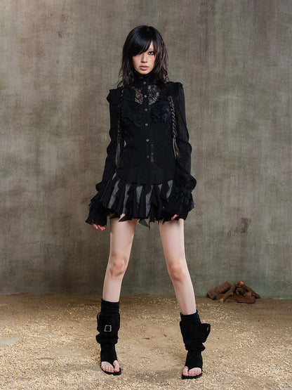 Gothic Floral Semi-Sheer Blouse Chiffon Sleeves Black Embroidery Punk Poet with