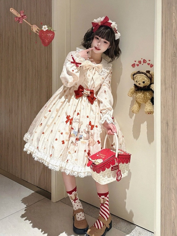 Peter Pan Collar Bear & Cake Print OP Dress with Bow - Honey Village