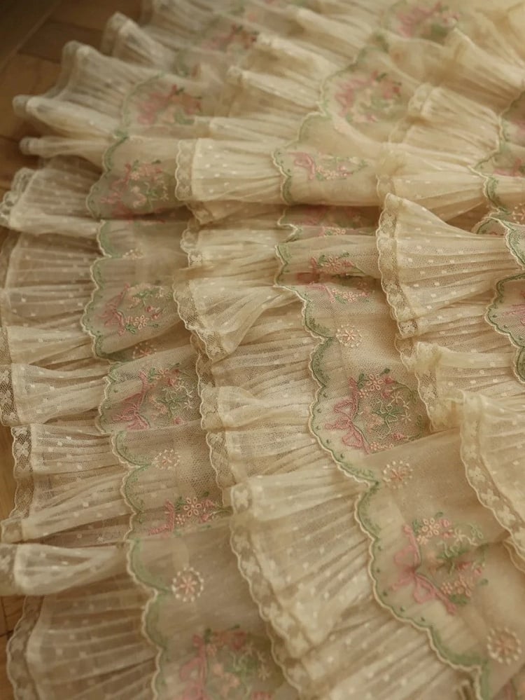 Skirt Flower Elegant Embroidery with Green Pink Details Tencel Lolita Multi-Layered