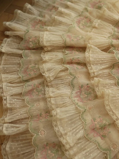 Skirt Flower Elegant Embroidery with Green Pink Details Tencel Lolita Multi-Layered