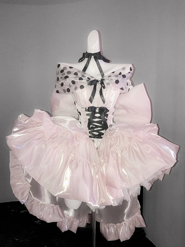 Satin Off-the-Shoulder Dress with and Large Bow Detail Dot Pink Princess Balletcore Polka