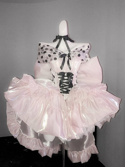 Satin Off-the-Shoulder Dress with and Large Bow Detail Dot Pink Princess Balletcore Polka