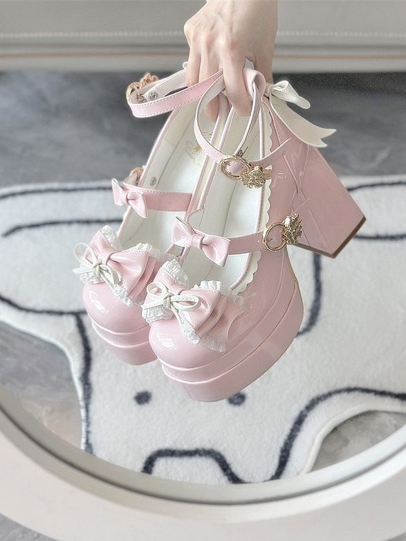 Details Mary PU with High-heel Shoes Elegant 11cm Light Lolita Jane Bow Pink