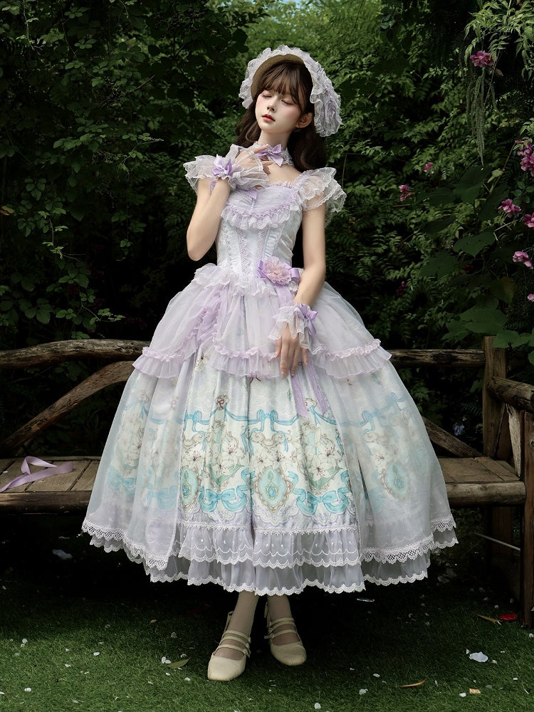 Purple Lily Print Lolita JSK Gown with Tulle Overlay and Back Bow Set - White Sugar Girl