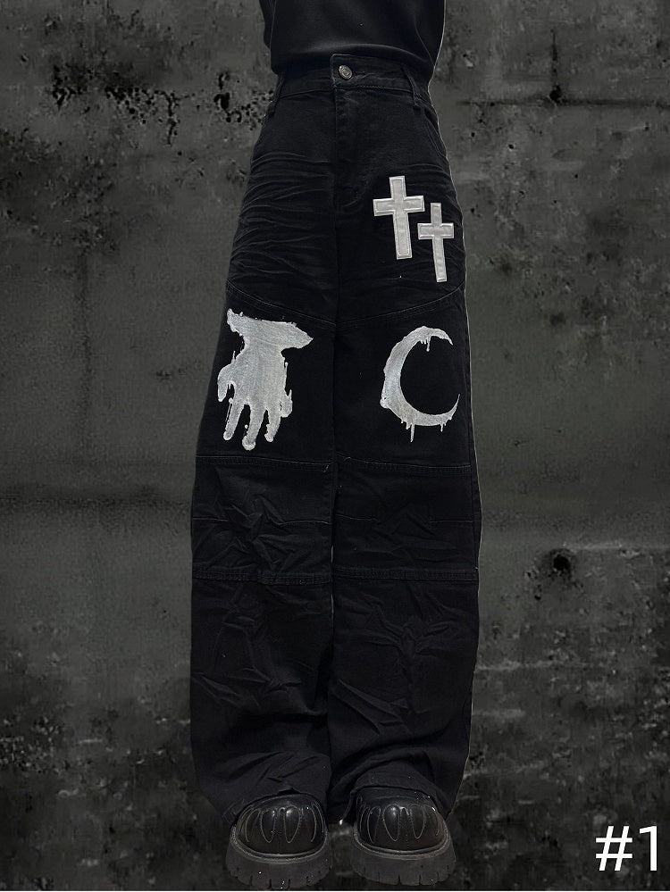 Moon with Pattern Black Cross Wide-leg Hand Jeans Patch Y2K