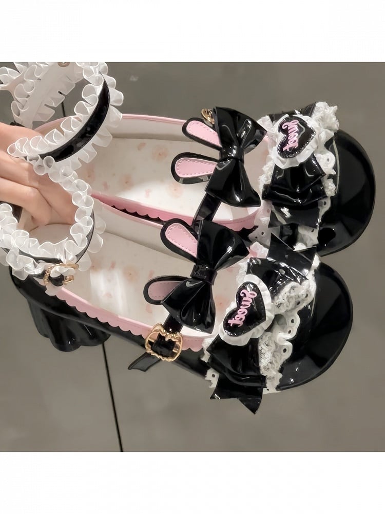 Black & Pink Sweet Lolita Shoes with Bunny Ear & Lace Trim - Sweets Cat