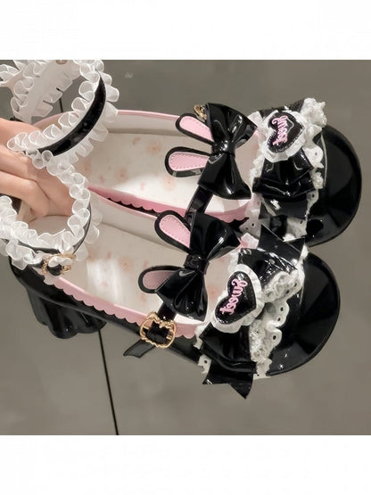 Black & Pink Sweet Lolita Shoes with Bunny Ear & Lace Trim - Sweets Cat