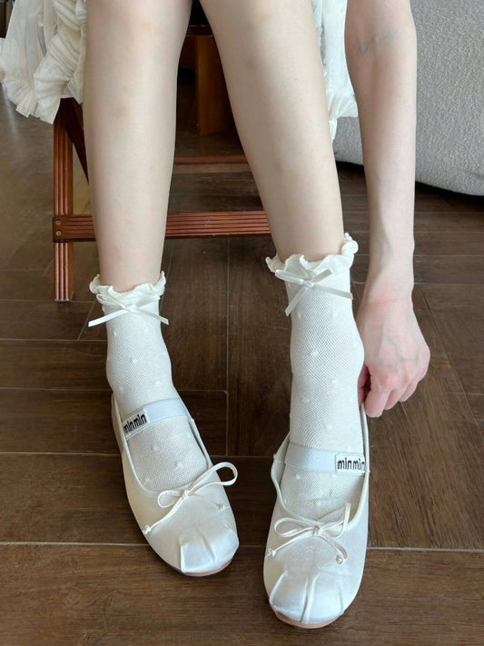 Polka Dot Ruffled Ankle Socks with Bow - Xi Shang Mei Shao