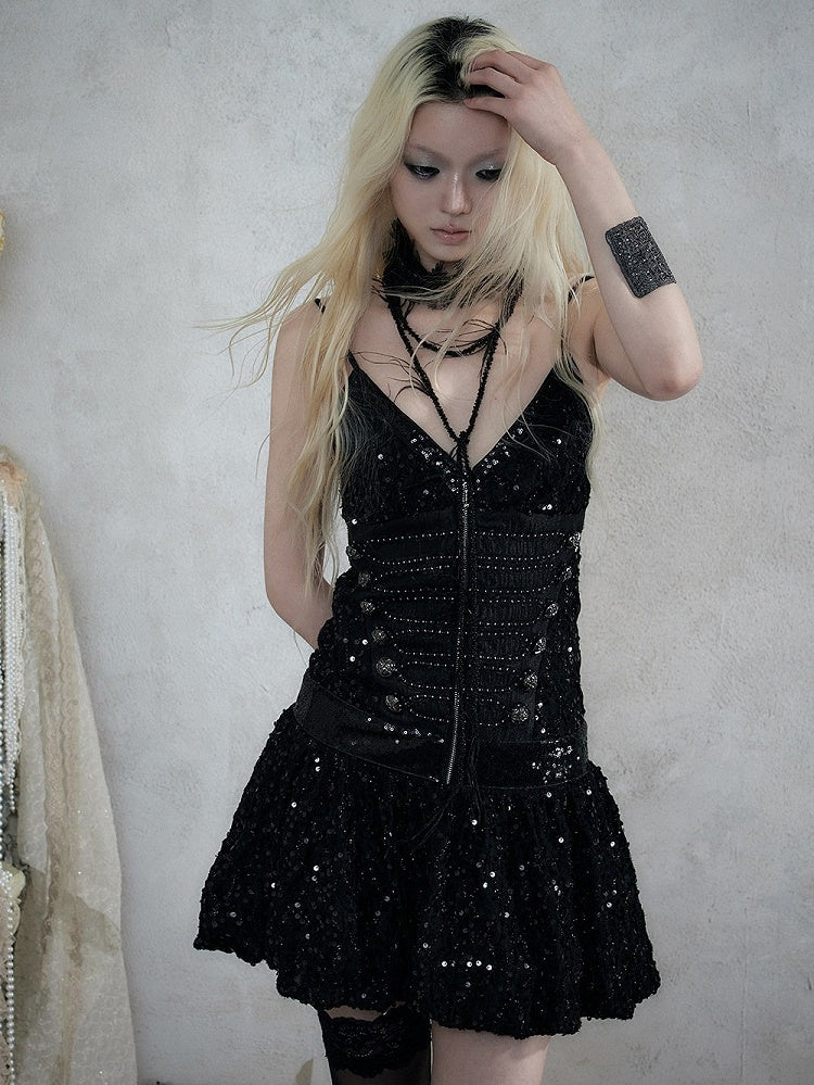 Black Double-Breasted Cami Dress with Sequin Details - NO ROMANCE